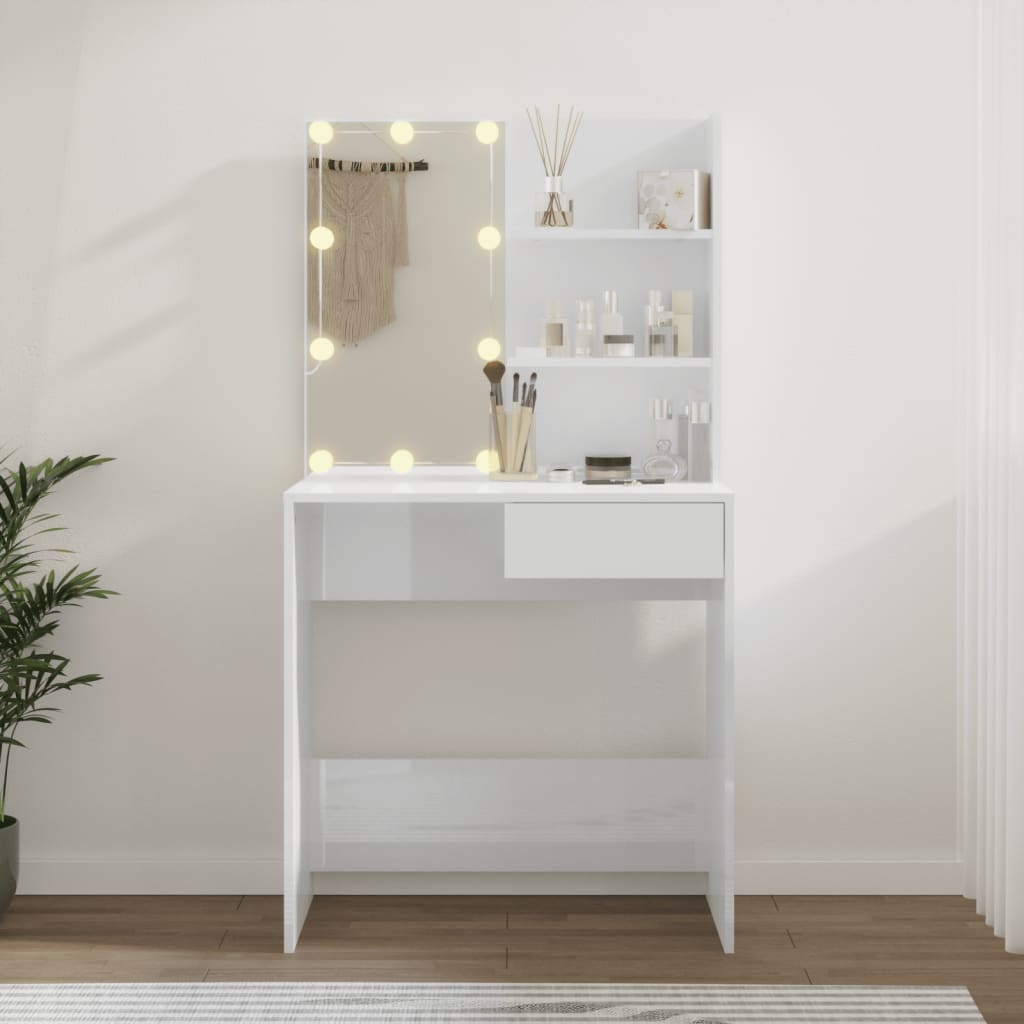 Sminkebord Høyglans Hvit LED 74,5x40x141 cm