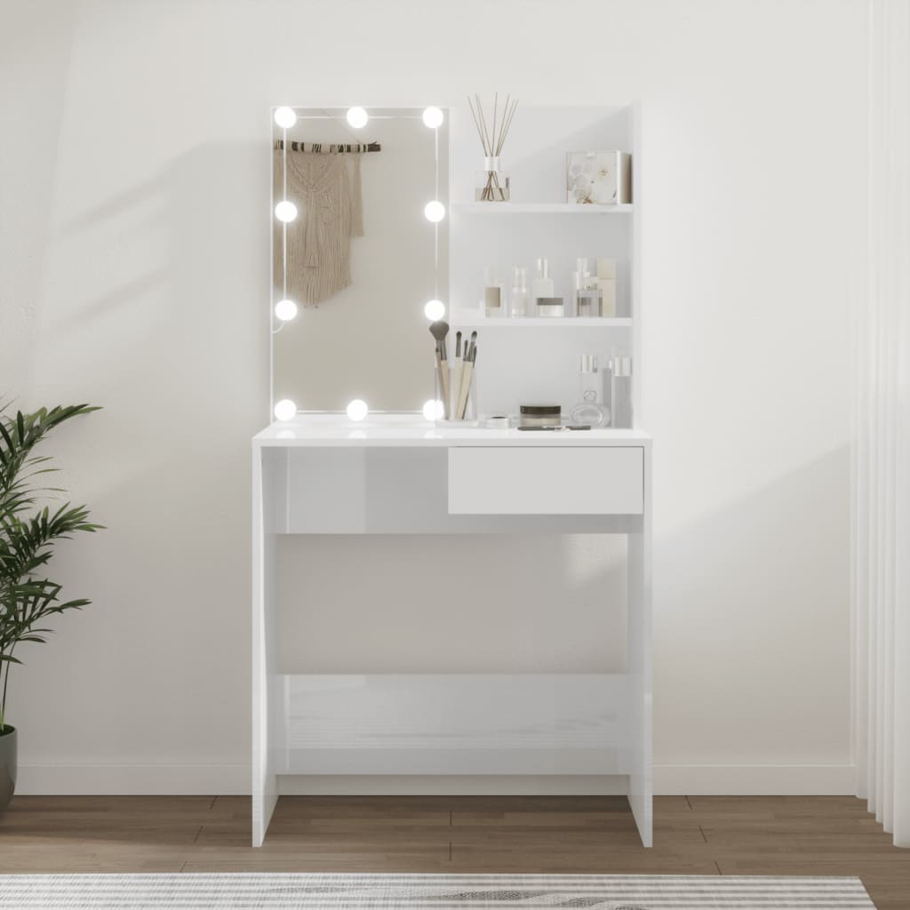 Sminkebord Høyglans Hvit LED 74,5x40x141 cm