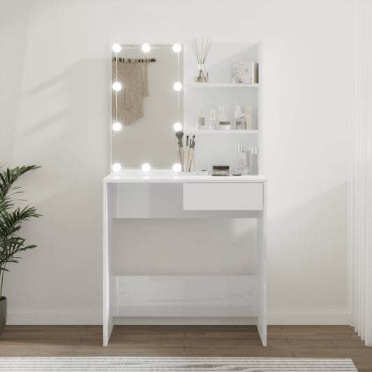 Sminkebord Høyglans Hvit LED 74,5x40x141 cm