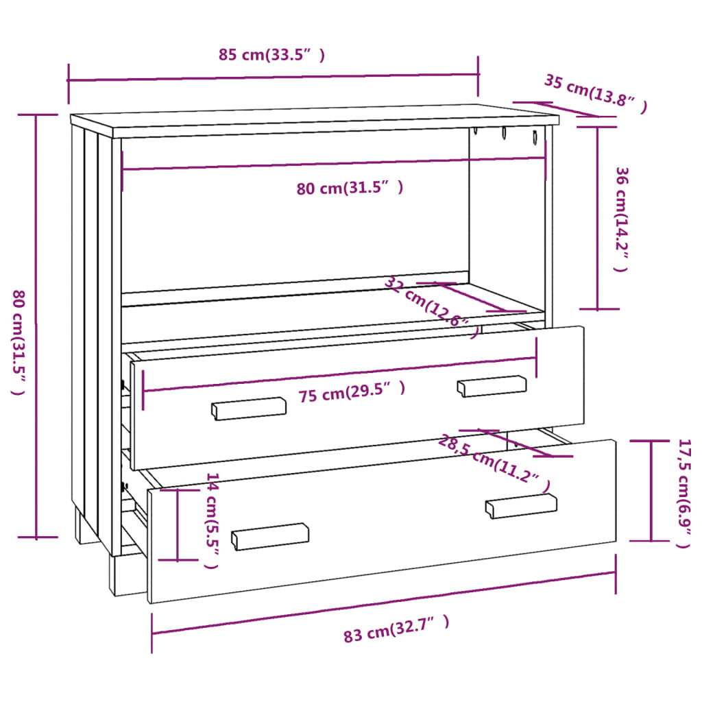 Kommode Honningbrun HAMAR 85x35x80 cm heltre furu