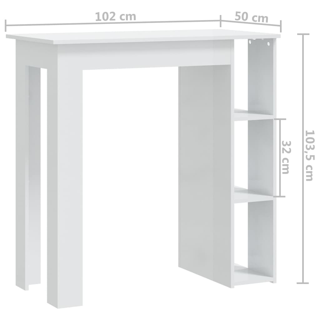 Barbord med hylle høyglans hvit 102x50x103,5 cm konstruert tre