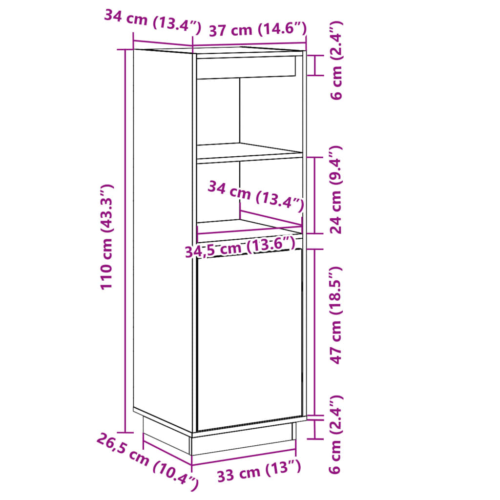Skap hvit 37x34x110 cm heltre furu