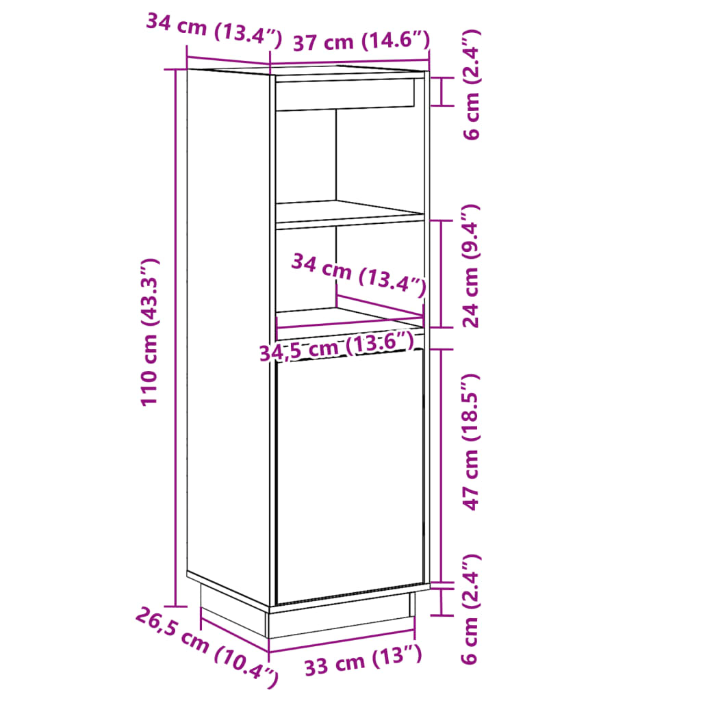 Skap honningbrun 37x34x110 cm heltre furu