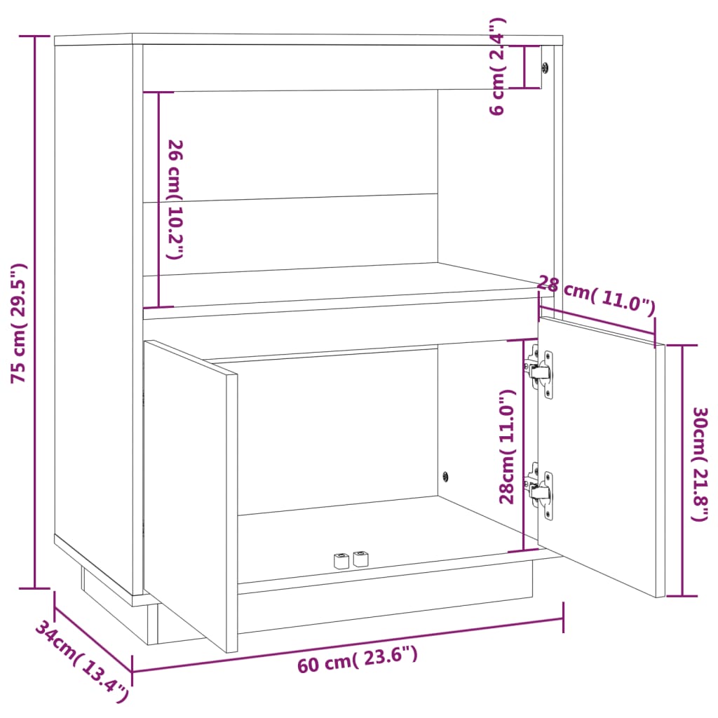 Skjenk Hvit 60x34x75 cm heltre furu