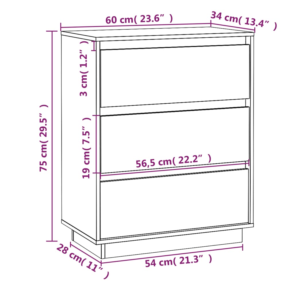 Skjenk Hvit 60x34x75 cm heltre furu