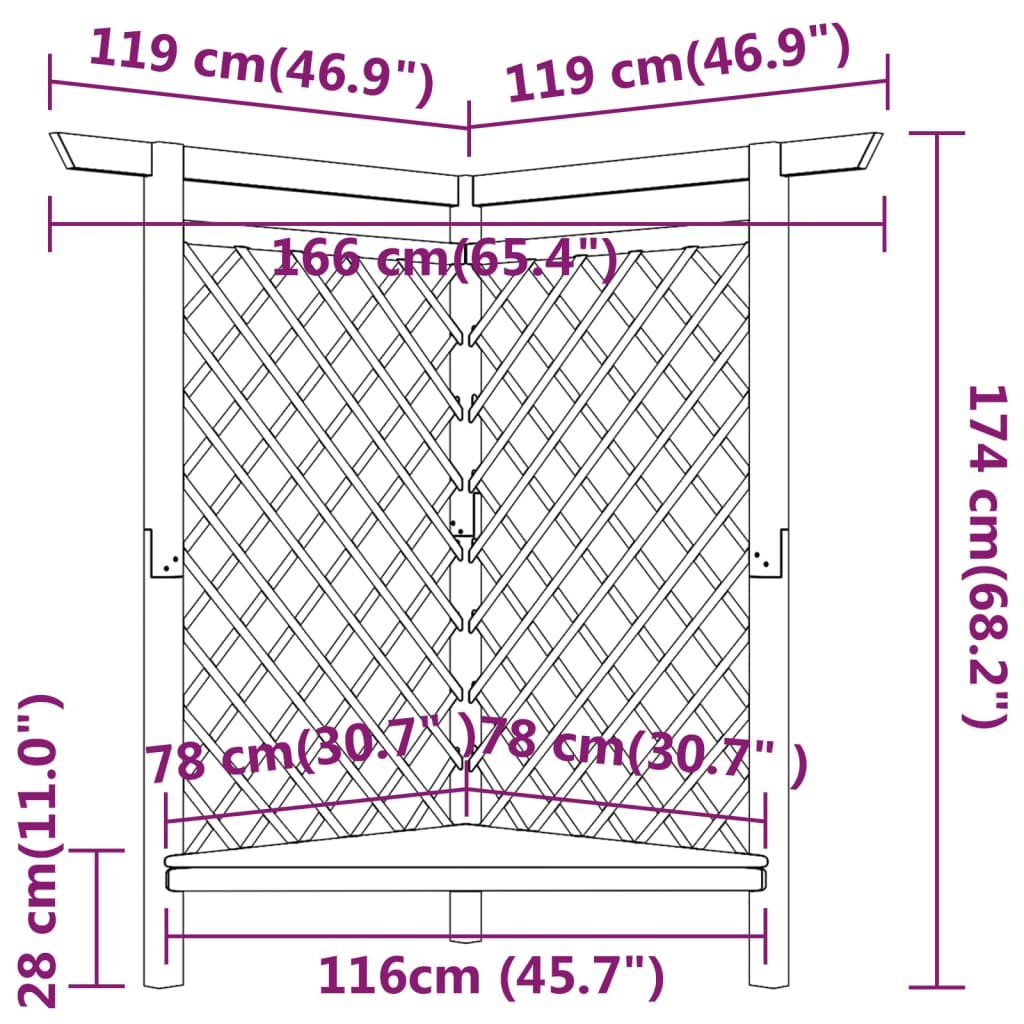 Hjørnepergola med benk 166x81x174 cm impregnert furu