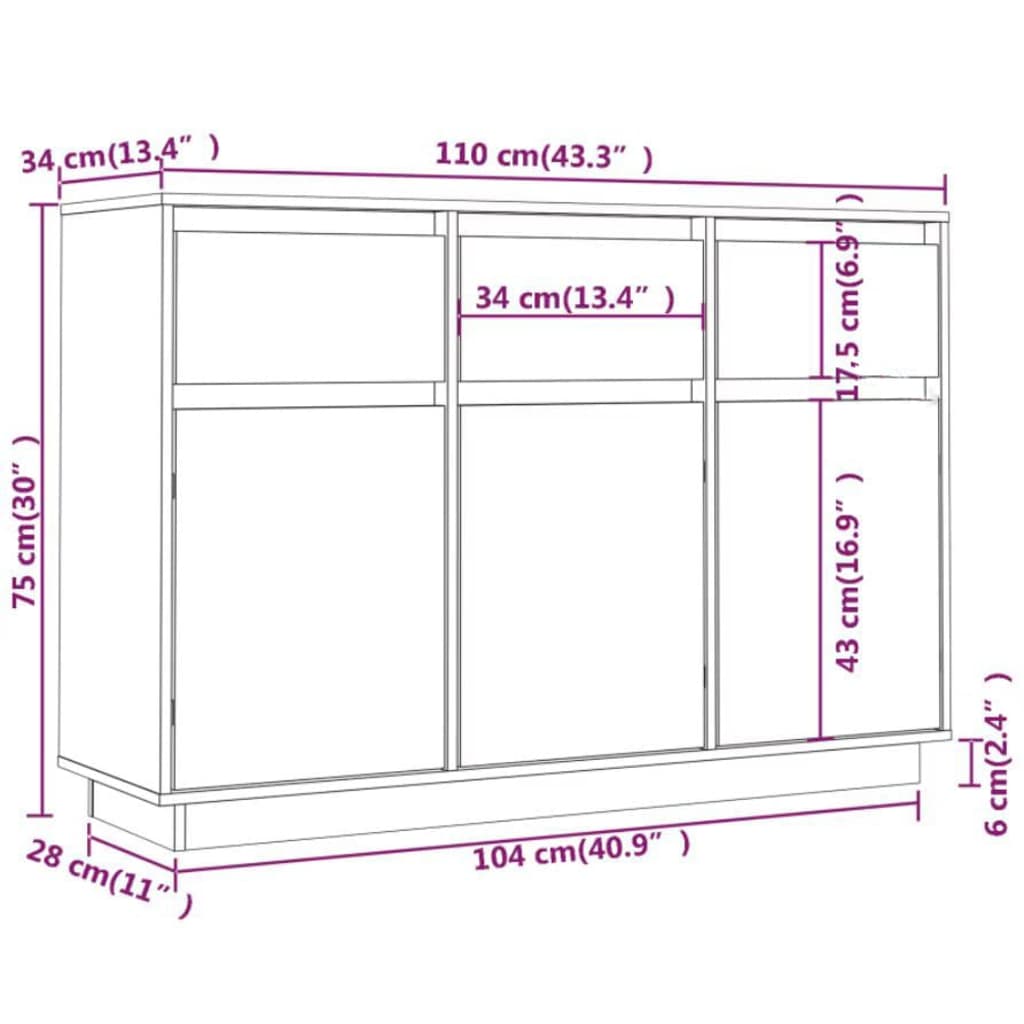 Skjenk Hvit 110x34x75 cm heltre furu