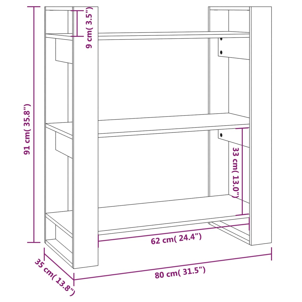 Bokhylle DIV. Romdeler 80x35x91 cm heltre furu