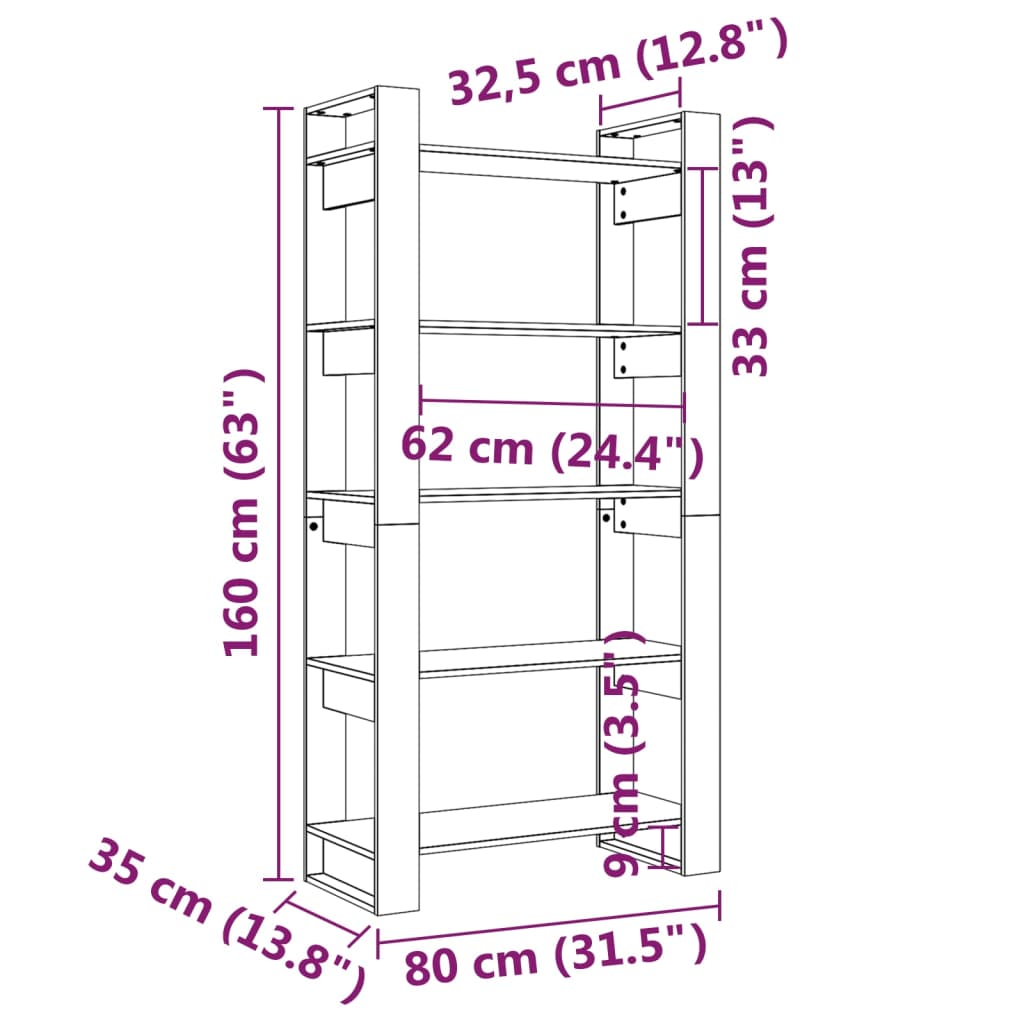 Bokhylle Hvit Romdeler 80x35x160 cm heltre furu