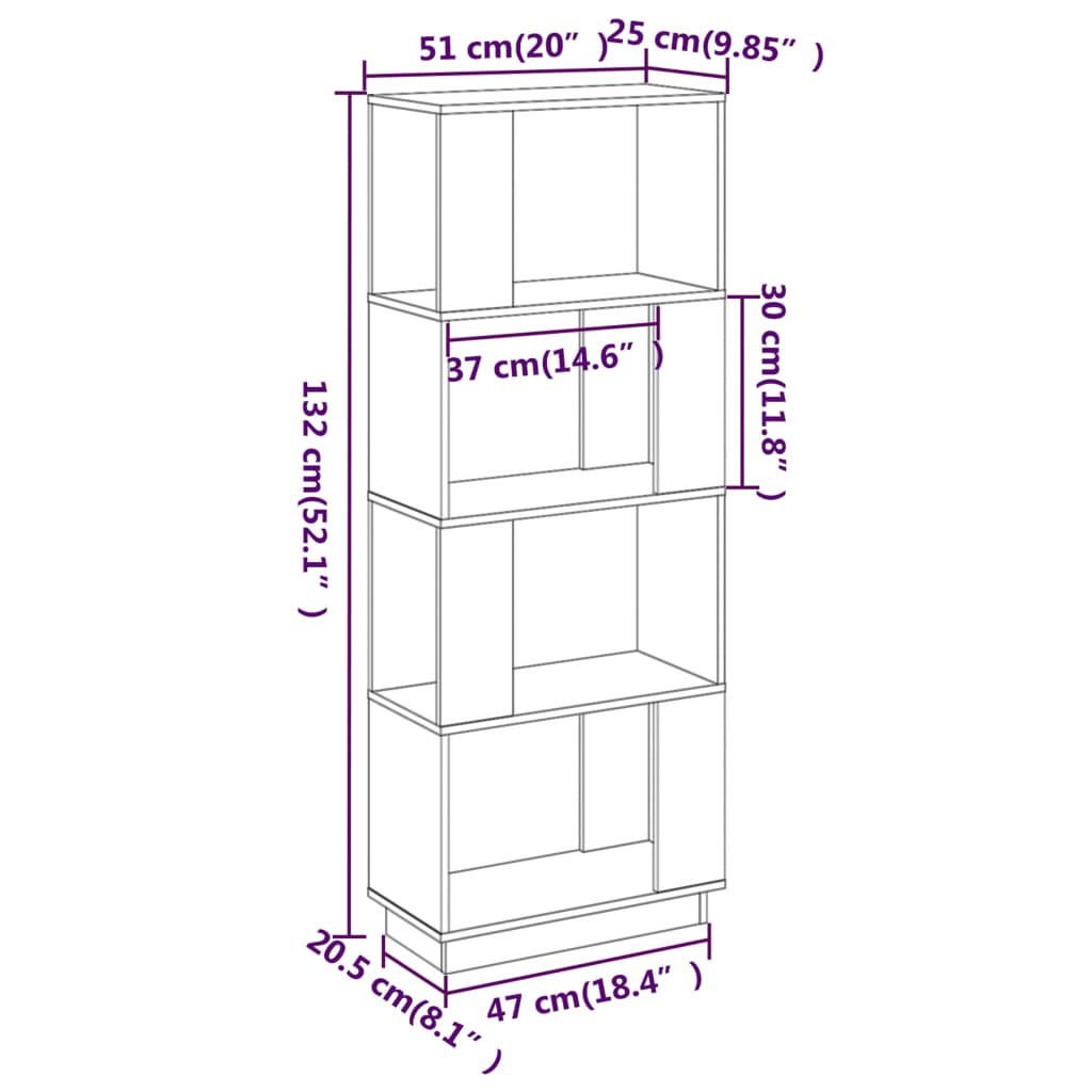 Bokhylle Tre Romdeler 51x25x132 cm heltre furu