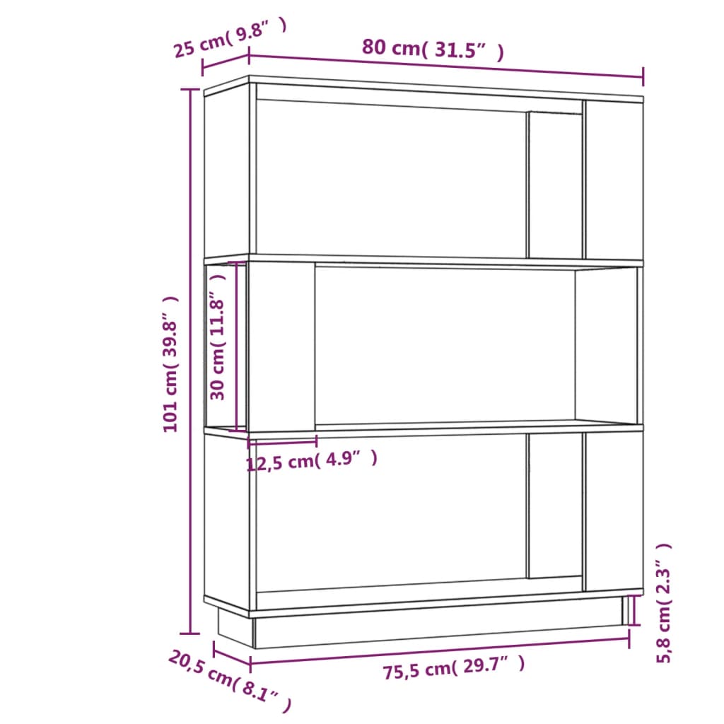 Bokhylle/romdeler 80x25x101 cm heltre furu