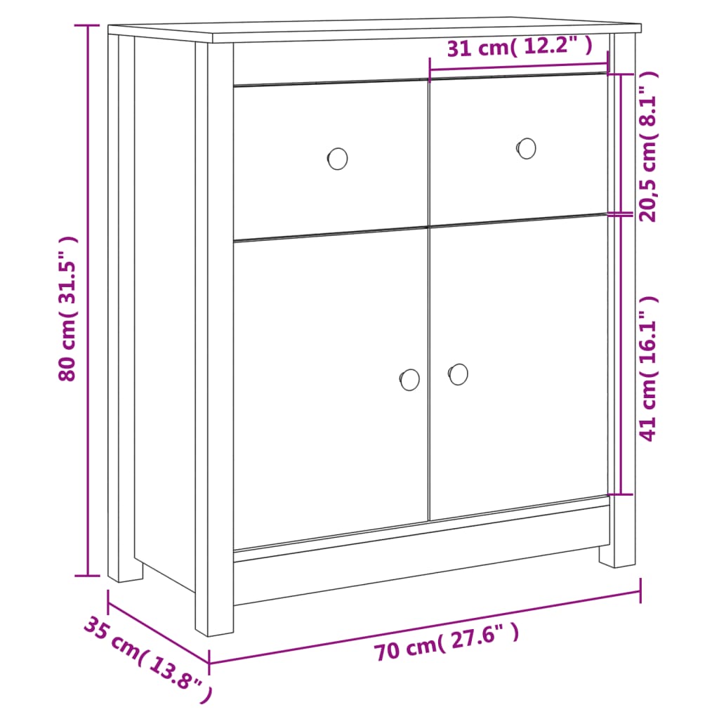 Skjenk Hvit 70x35x80 cm heltre furu