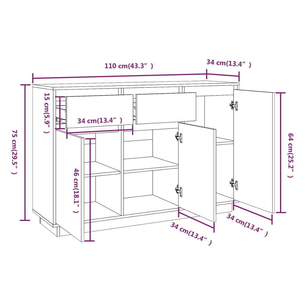 Skjenk Hvit 110x34x75 cm heltre furu