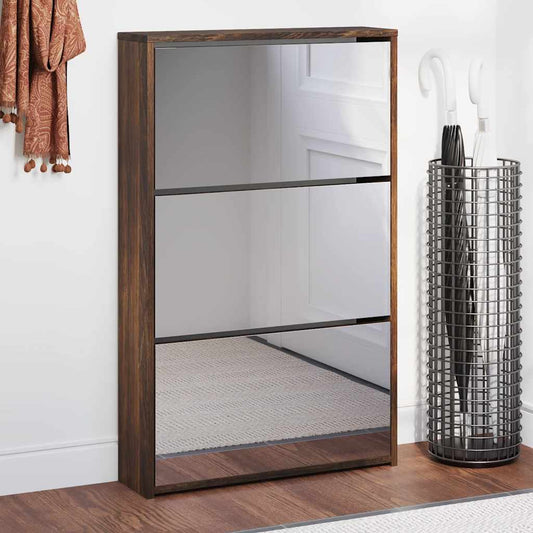 Skoskap Skohylle Skobenk Røkt Eik med speil 3 lag 63x17x102,5 cm