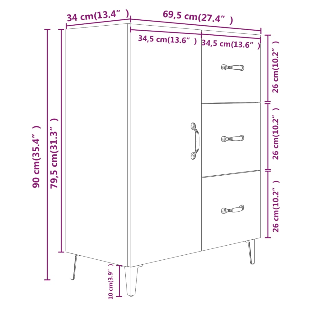 Skjenk sonoma eik 69,5x34x90 cm konstruert tre