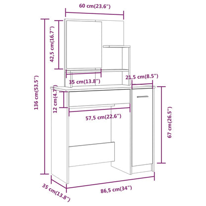 Sminkebord Hvit speil 86,5x35x136 cm