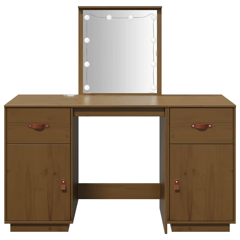 Sminkebordsett med LED Honningbrun heltre furu