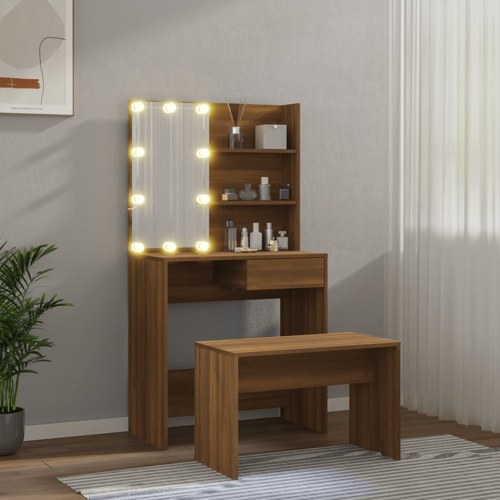 Sminkebord Brun Eik Sett LED