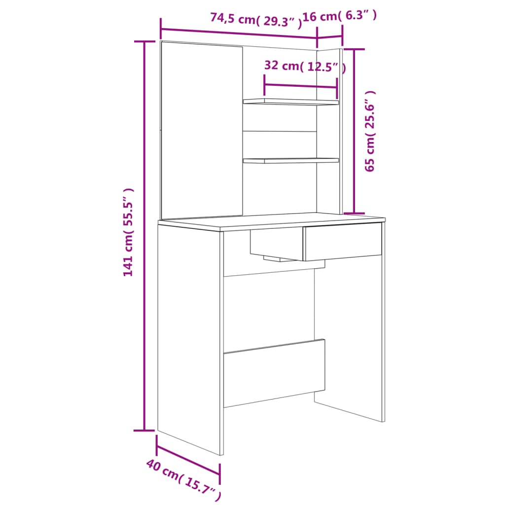 Sminkebord Svart Sett 74,5x40x141 cm
