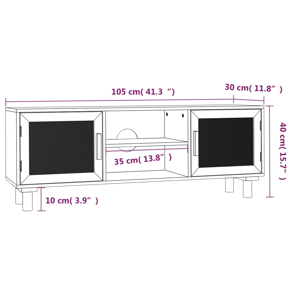 TV-Møbel Hvit TV-benk 105x30x40 cm heltre furu og naturrotting