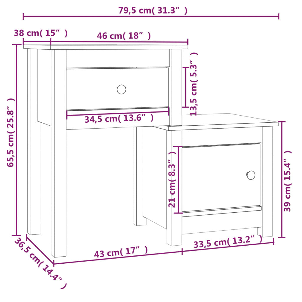 Nattbord 2 stk hvit 79,5x38x65,5 heltre furu