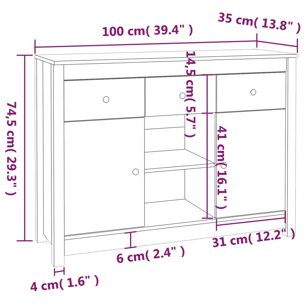 Skjenk honningbrun 100x35x74,5 cm heltre furu