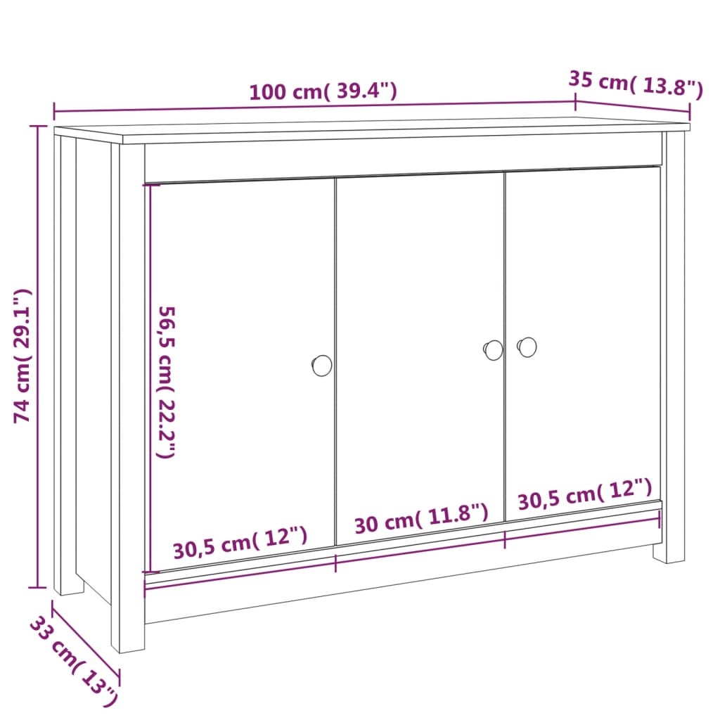 Skjenk Hvit 100x35x74 cm heltre furu