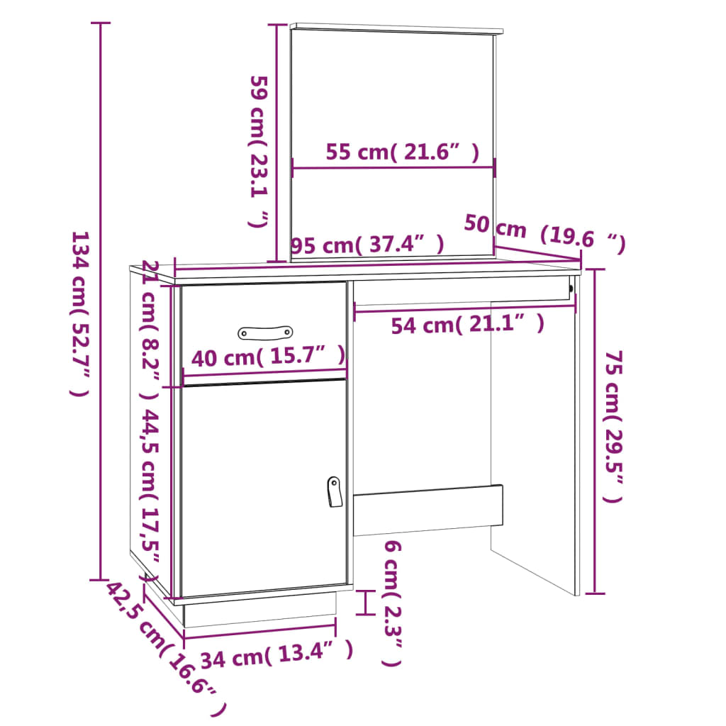 Sminkebord Brun honningbrun 95x50x134 cm heltre furu
