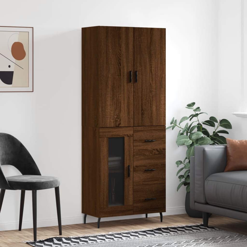 Highboard brun eik 69,5x34x180 cm konstruert tre