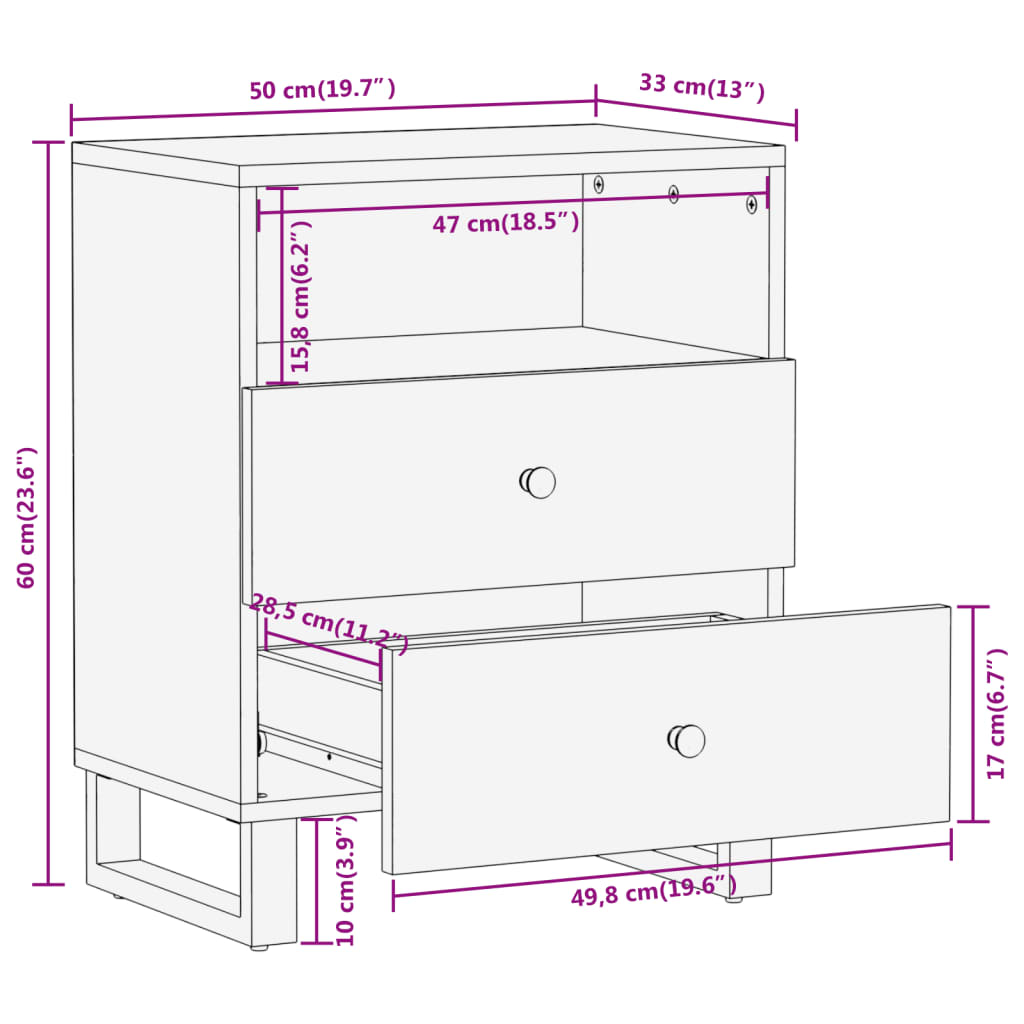 Nattbord Sengbord Tre heltre mangotre Brun og Svart 50x33x60 cm