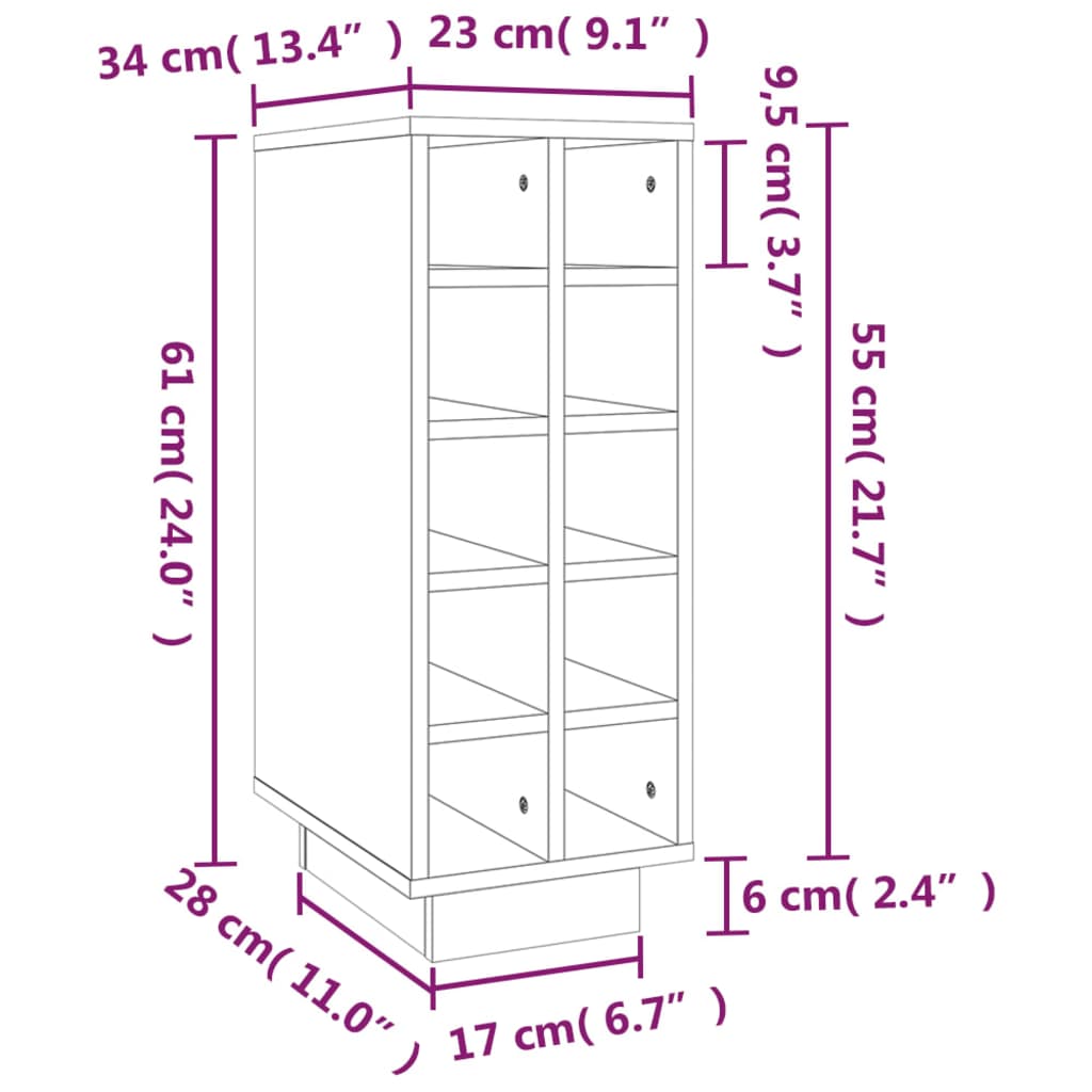Vinstativ Vinhylle Hvit 23x34x61 cm heltre furu