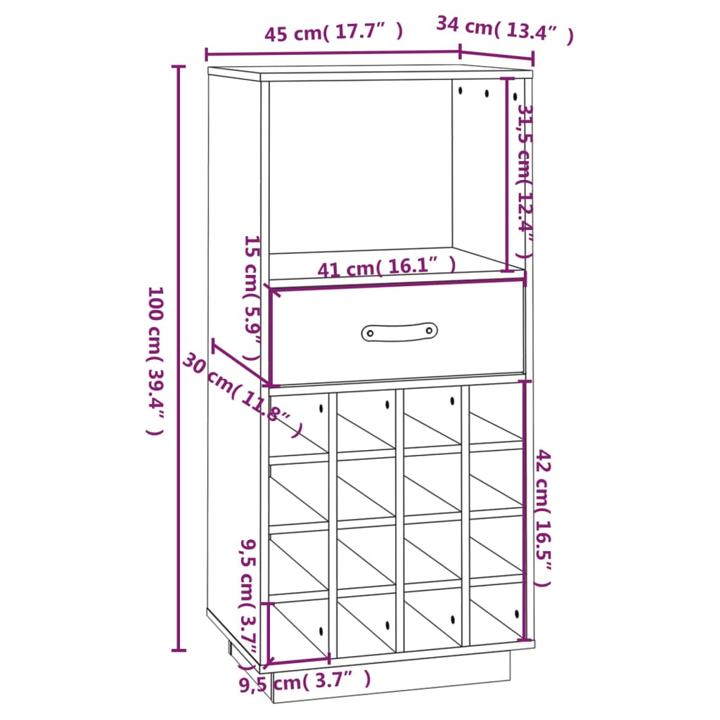 Vinstativ Vinhylle 45x34x100 cm heltre furu