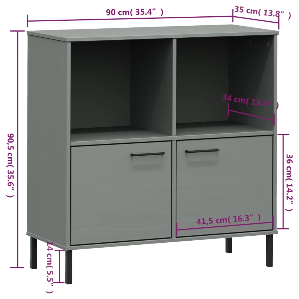 Bokhylle Grå med metallben 90x35x90,5 cm heltre OSLO