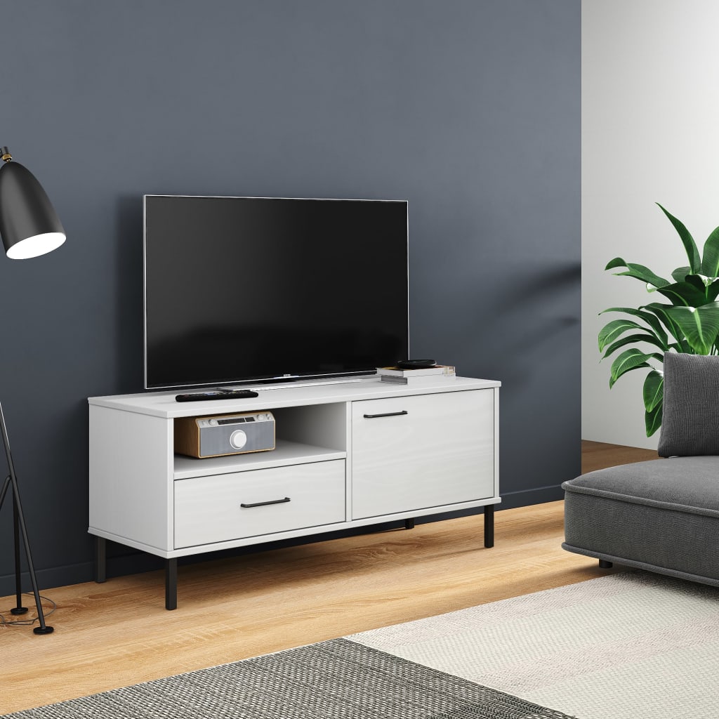 TV-Møbel Hvit TV-benk med metallben heltre furu OSLO