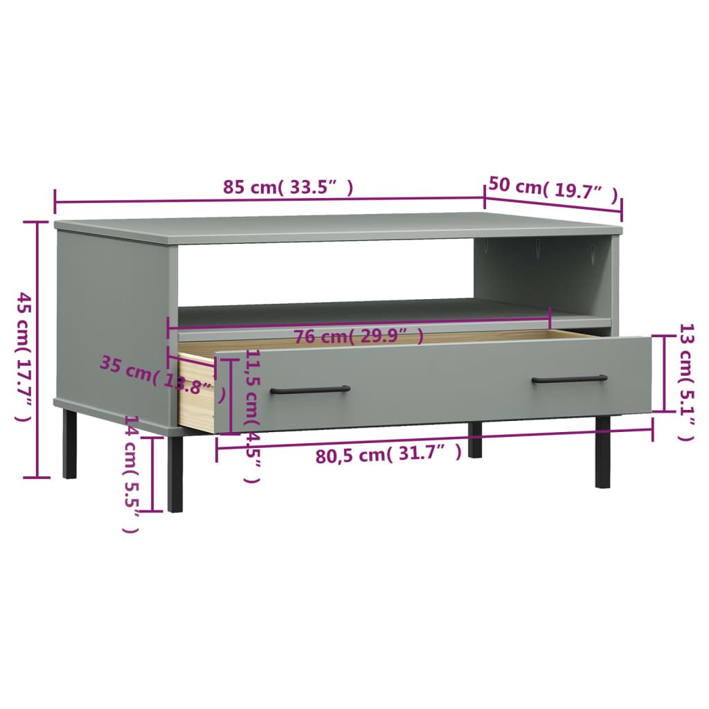 Salongbord Sofabord Grå med metallben 85x50x45 cm heltre OSLO