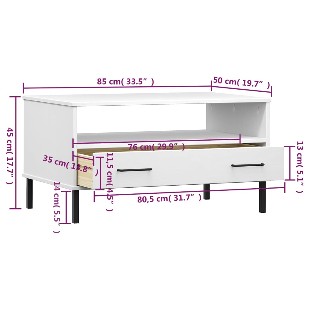 Salongbord Sofabord Hvit med metallben 85x50x45 cm heltre OSLO