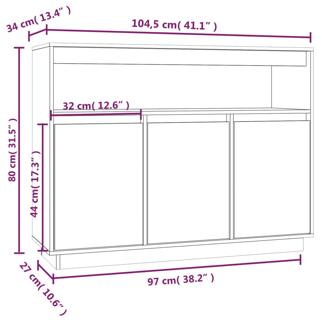 Skjenk Hvit 104,5x34x80 cm heltre furu