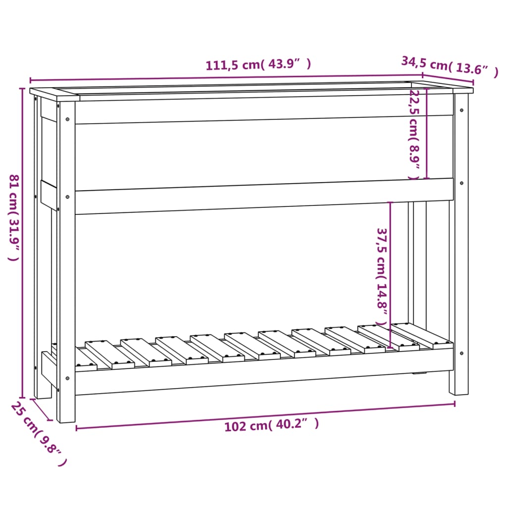 Plantekasse med hylle svart 111,5x34,5x81 cm heltre furu