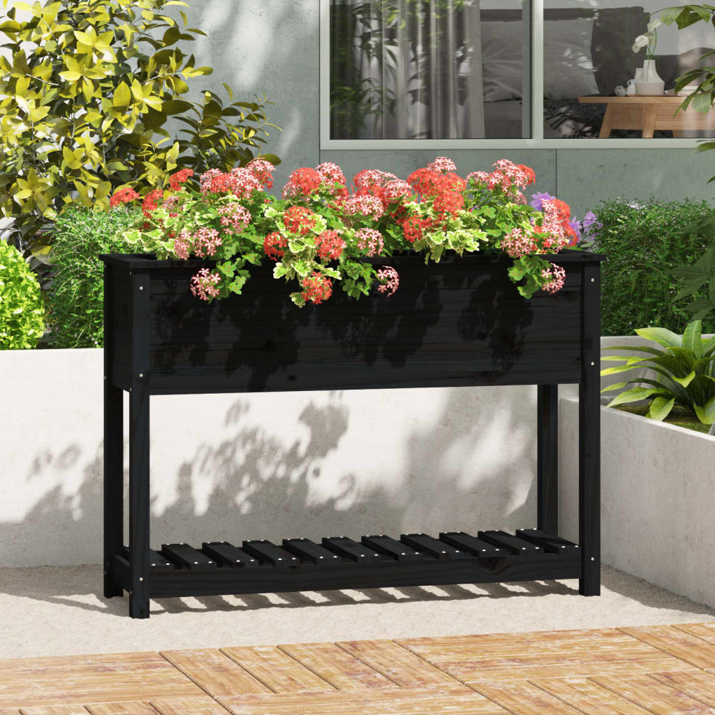 Plantekasse med hylle svart 111,5x34,5x81 cm heltre furu