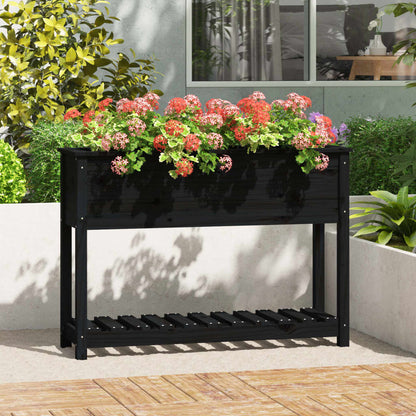 Plantekasse med hylle svart 111,5x34,5x81 cm heltre furu