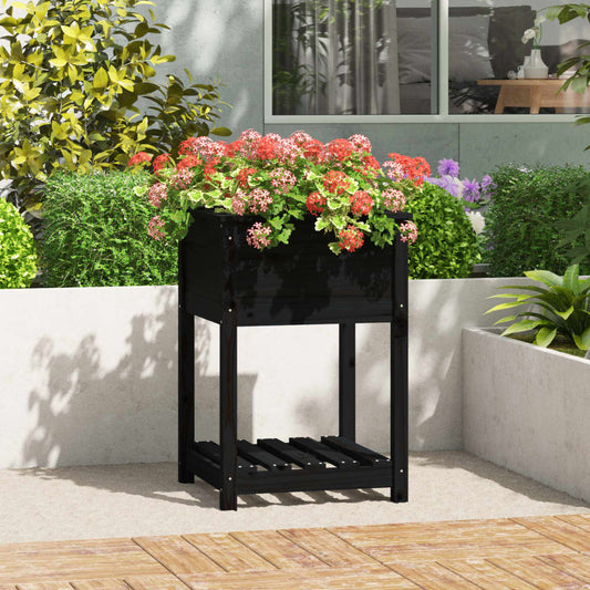 Utendørs Blomsterkasse Plantekasse Tre med hylle Svart 54x54x81 cm heltre furu