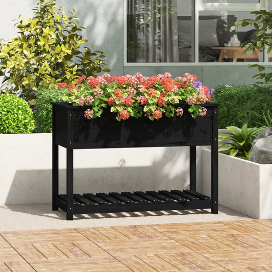 Utendørs Blomsterkasse Plantekasse Tre med hylle Svart 111,5x54x81 cm heltre furu