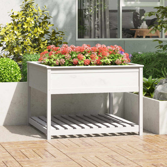Utendørs Blomsterkasse Plantekasse Tre med hylle Hvit 111,5x111,5x81 cm heltre furu