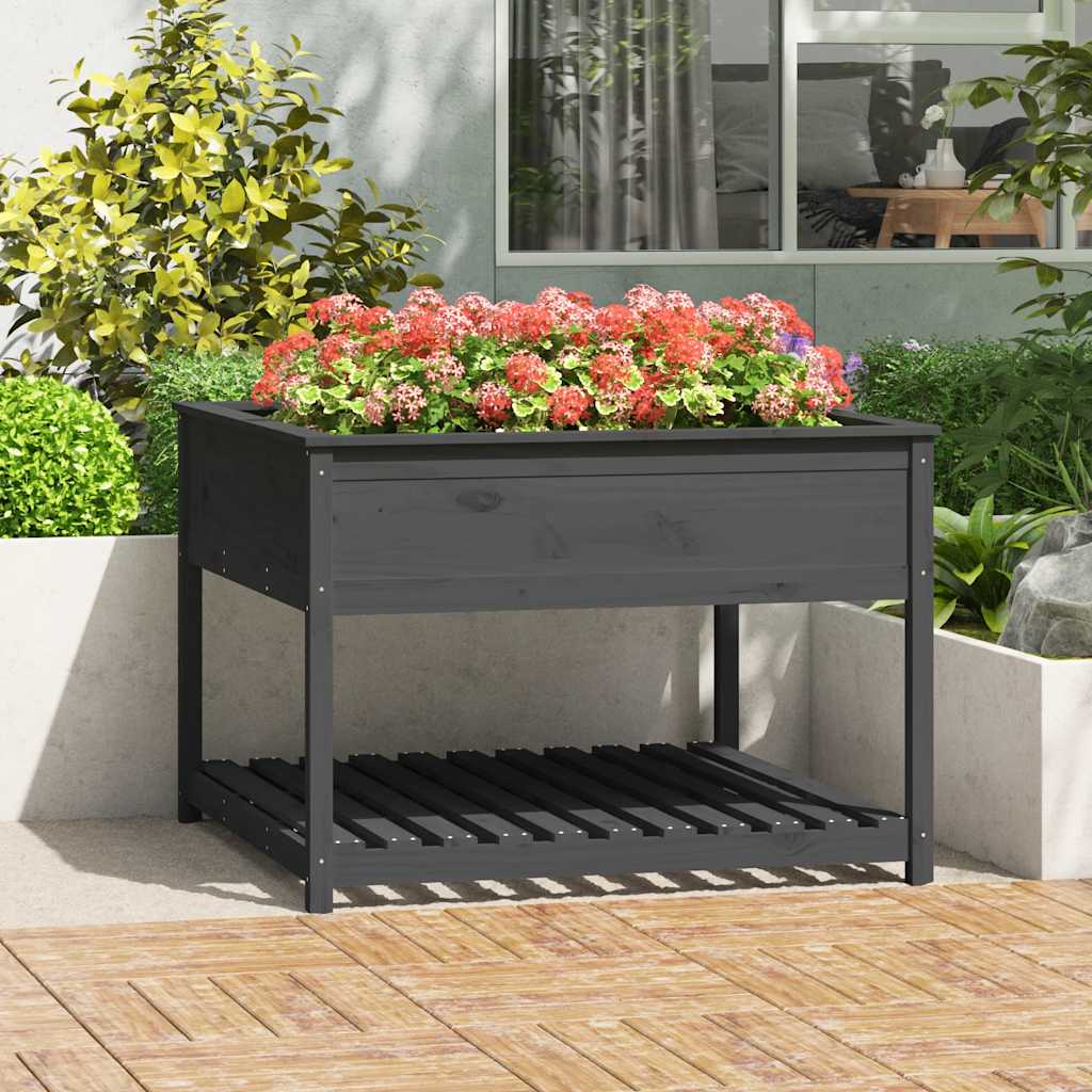 Plantekasse med hylle grå 111,5x111,5x81 cm heltre furu
