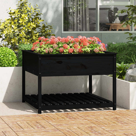 Utendørs Blomsterkasse Plantekasse Tre med hylle Svart 111,5x111,5x81 cm heltre furu