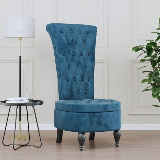 Stol høy rygg blå fløyelsknappdesign