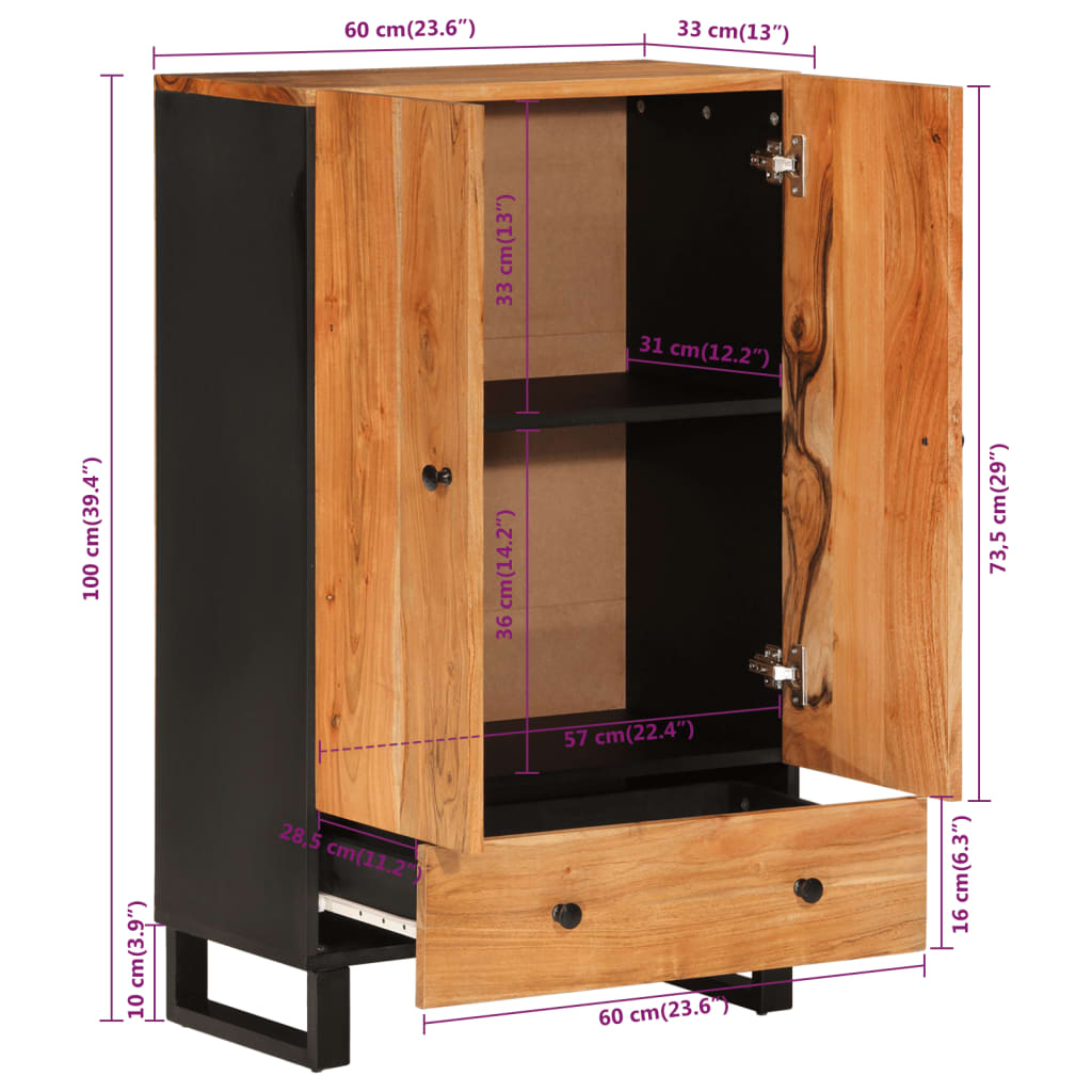 Skap heltre akasie med skuff 60x33x100 cm jern