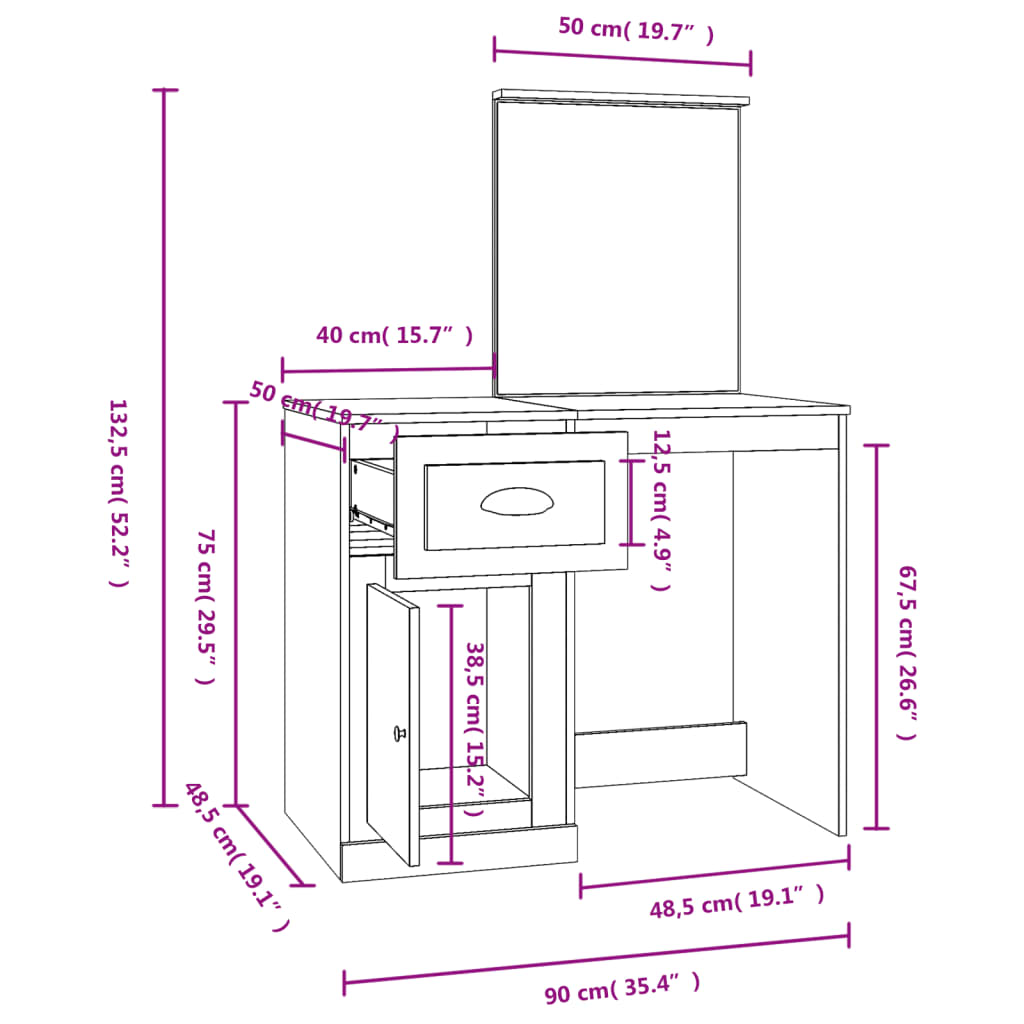 Sminkebord Svart speil 90x50x132,5 cm