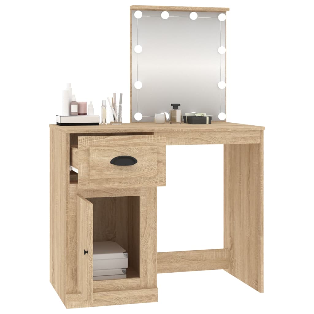 Sminkebord med LED sonoma eik 90x50x132,5 cm konstruert tre