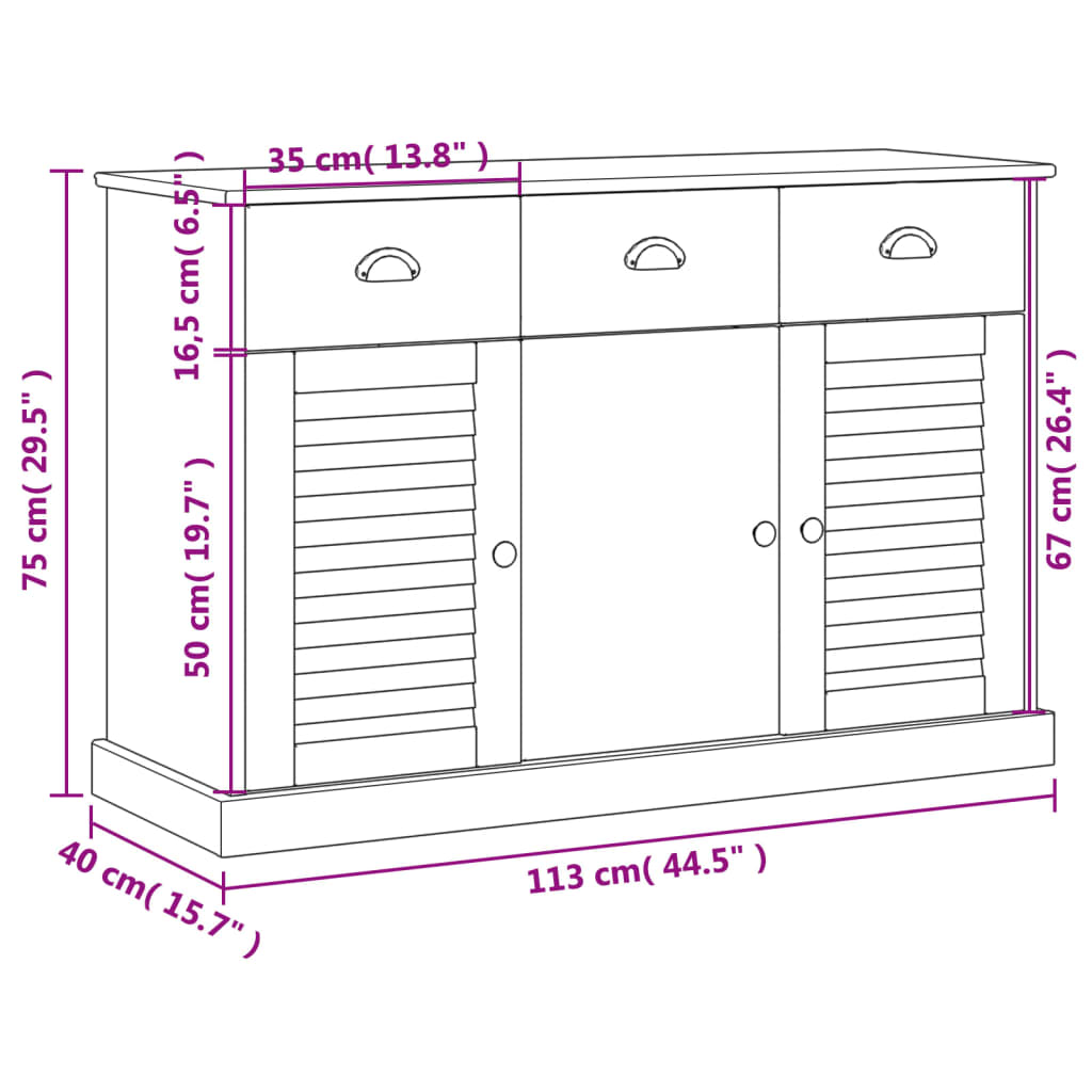 Skjenk Tre med skuffer VIGO 113x40x75 cm heltre furu